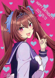 1girl adversarial_noise animal_ears bow bowtie breasts brown_hair daiwa_scarlet_(umamusume) fang hair_intakes hand_up happy_birthday heart hi_(ibisf5umauma) highres horse_ears index_finger_raised long_hair long_sleeves looking_at_viewer looking_to_the_side open_mouth pink_background purple_shirt red_eyes school_uniform shirt skin_fang small_breasts solo tiara tracen_school_uniform twintails twitter_username umamusume upper_body v-shaped_eyebrows