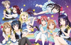 Rule 34 | 6+girls, :d, ahoge, aqua eyes, artbook, black hair, black thighhighs, blonde hair, blue dress, blue eyes, blue hair, braid, brown hair, collarbone, dress, flower, grey hair, grin, hair bun, hair flower, hair ornament, highres, holding hands, kunikida hanamaru, kurosawa dia, kurosawa ruby, long hair, looking at viewer, love live!, love live! sunshine!!, matsuura kanan, mole, mole under mouth, multiple girls, non-web source, official alternate costume, official art, ohara mari, open mouth, orange hair, ponytail, purple eyes, purple hair, red eyes, red flower, red hair, sakurauchi riko, short hair, short sleeves, single hair bun, skirt, smile, star (sky), star (symbol), takami chika, thighhighs, tongue, tongue out, tsushima yoshiko, watanabe you, water blue new world, white thighhighs, yellow eyes, zettai ryouiki