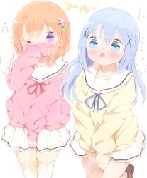 Rule 34 | 22m, 2girls, absurdres, between legs, blue eyes, blue hair, blue ribbon, blush, brown footwear, commentary request, covering own mouth, cowboy shot, embarrassed, flat chest, flower, gochuumon wa usagi desu ka?, hair flower, hair ornament, hairclip, hand between legs, hand up, have to pee, highres, hoto cocoa, kafuu chino, leg up, long hair, long sleeves, looking at viewer, miniskirt, multiple girls, neck ribbon, nose blush, one eye closed, open mouth, orange hair, peeing, peeing self, pink shirt, pleated skirt, purple eyes, red ribbon, ribbon, sailor collar, school uniform, shirt, shoes, short hair, sidelocks, simple background, skindentation, skirt, speech bubble, standing, standing on one leg, talking, tears, thighhighs, thighs, v arms, white background, white sailor collar, white skirt, white thighhighs, wide-eyed, wince, x hair ornament, yellow shirt, zettai ryouiki