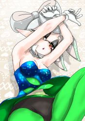 1girl armpits arms_up black_panties blue_dress bow-shaped_hair breasts brown_background chestnut_mouth commentary crossed_wrists detached_collar dress eyeshadow gloves gradient_hair green_hair green_pantyhose grey_eyeshadow half-closed_eyes highres inkling koharu2.5 light_blush looking_at_viewer makeup marie_(splatoon) marie_(squid_sisters_outfit)_(splatoon) medium_breasts midriff multicolored_hair navel nintendo open_mouth panties panties_over_pantyhose pantyhose pink_pupils pointy_ears pointy_nose splatoon_(series) star-shaped_pupils star_(symbol) strapless strapless_dress swept_bangs symbol-shaped_pupils teeth tentacle_hair translucent underwear upper_teeth_only upskirt white_gloves white_hair yellow_eyes