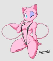1girl bikini blue_eyes breasts colored_skin curvy deviantart_username eyeshadow finger_on_cheek furry gen_1_pokemon grey_background hand_on_ground highres humanization kneeling legendary_pokemon long_tail looking_at_viewer makeup mew_(pokemon) mythical_pokemon nintendo one_eye_closed pink_fur pink_skin pokemon purple_eyeshadow slingshot_swimsuit swimsuit tail thedemonfoxy wink