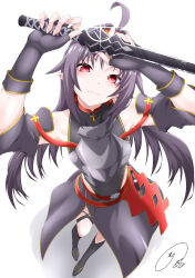 1girl absurdres ahoge armor bare_shoulders belt boots breastplate commentary_request covered_navel detached_sleeves eyelashes fingerless_gloves from_above full_body gloves gold_trim highres holding holding_sword holding_weapon knee_boots konno_yuuki_(sao) leotard light_smile long_hair long_skirt looking_at_viewer looking_up maximum7010 multiple_belts obsidian_slasher purple_armor purple_boots purple_eyes purple_gloves purple_leotard purple_sarong purple_sleeves red_belt red_eyes sarong signature simple_background skirt sword sword_art_online weapon white_background