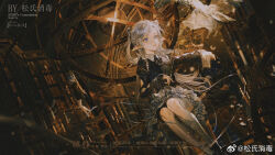 Rule 34 | 1girl, bird, black dress, black jacket, blue eyes, commentary, dove, dress, dutch angle, frills, grey hair, highres, indoors, jacket, long hair, long sleeves, original, shirt, sitting, solo, song shi xiaodu