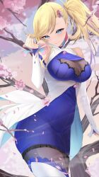 1girl absurdres bare_shoulders blonde_hair blue_dress blue_eyes branch breasts cleavage cleavage_cutout clothing_cutout day detached_sleeves dress flower framed_breasts hair_ornament heart heart_hair_ornament high_side_ponytail highres kodokunogotoku large_breasts long_hair looking_at_viewer minerva_(re:zero) outdoors petals pink_flower re:zero_kara_hajimeru_isekai_seikatsu thighhighs tree white_sleeves white_thighhighs