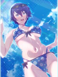 1girl alternate_costume bikini bird blue_bikini blue_hair breasts corner50777313 eyewear_on_head floral_print floral_print_bikini glasses highres navel persona persona_4 print_bikini shirogane_naoto solo sunglasses swimsuit