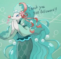 1girl 2025 aqua_hair aqua_kimono arms_up bbbeee88 blue_background blue_hair blue_kimono blush bubble_background collarbone colored_skin commentary eyelashes female_focus gen_7_pokemon hair_down happy japanese_clothes kimono long_hair looking_at_viewer nintendo no_pupils one_eye_closed own_hands_clasped pearl_hair_ornament pokemon pokemon_(creature) primarina ribbon scales seal_(animal) simple_background smile snout solo thank_you very_long_hair wavy_hair white_skin wink
