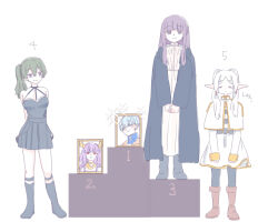 3girls =_= absurdres arms_behind_back aura_(sousou_no_frieren) bare_shoulders belt black_belt black_boots black_cloak black_dress black_pantyhose black_shirt blue_shirt blunt_bangs boots brown_boots capelet cloak closed_mouth demon_horns dot_mouth dress elf fern_(sousou_no_frieren) frieren gold_necklace green_hair hair_between_eyes hair_over_shoulder halter_dress halterneck highres himmel_(sousou_no_frieren) horns jewelry knee_boots long_hair multiple_girls necklace own_hands_together pantyhose parted_bangs picture_frame pointy_ears purple_eyes purple_hair red_eyes seila_rei shirt side_ponytail simple_background skirt smile sousou_no_frieren striped_clothes striped_shirt translated twintails two-tone_shirt ubel_(sousou_no_frieren) v_arms very_long_sleeves white_background white_capelet white_dress white_hair white_shirt white_skirt winner&#039;s_platform