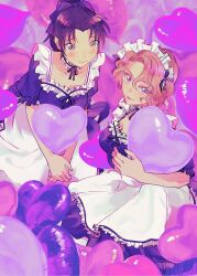 2girls absurdres alternate_costume apron balloon black_ribbon black_shirt black_skirt blush breasts brown_eyes brown_hair cleavage closed_mouth embarrassed enmaided frilled_apron frills heart_balloon highres long_skirt maid maid_headdress medium_breasts meitantei_conan multiple_girls oooka_momiji purple_eyes ribbon shirt skirt small_breasts tooyama_kazuha waist_apron white_apron yamada_(haaaaai)
