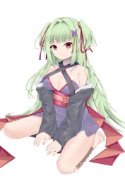 Rule 34 | 1girl, absurdres, alternate breast size (larger), bare shoulders, barefoot, black kimono, blunt bangs, blunt ends, breasts, butterfly hair ornament, cleavage, closed mouth, collarbone, colored eyelashes, commentary, criss-cross halter, eyelashes, full body, green hair, hair intakes, hair ornament, hair ribbon, halterneck, highres, hime cut, japanese clothes, kimono, large breasts, long hair, mamiya yuki, murasame (senren), no bra, red ribbon, red sash, ribbon, sash, senren banka, shadow, sidelocks, simple background, sitting, sleeves past wrists, smile, soles, solo, split mouth, toes, two side up, very long hair, wariza, white background, wide sleeves