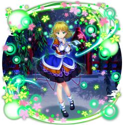 1girl arm_warmers black_shoes blonde_hair brown_shirt closed_mouth danmaku full_body game_cg green_eyes half_updo highres leaf looking_at_viewer mary_janes medium_hair mizuhashi_parsee multicolored_shirt multicolored_skirt night night_sky official_art outdoors pointy_ears rotte_(1109) scarf shadow shirt shoes short_sleeves skirt sky socks solo star_(sky) third-party_source touhou touhou_lostword transparent_background white_scarf white_socks