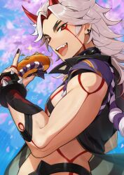 Rule 34 | 1boy, :d, arataki itto, black nails, blue sky, body markings, bracelet, cherry blossoms, collar, commentary request, earrings, fang, food, genshin impact, grey hair, highres, hitsujino mery, holding, holding food, horns, jewelry, long hair, male focus, oni, open mouth, pectorals, red eyes, red horns, sky, smile, solo, spiked bracelet, spiked collar, spikes, toned, toned male