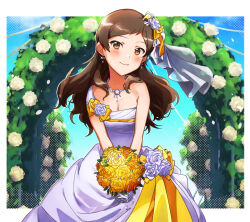 Rule 34 | 1girl, blush, border, bouquet, breasts, brown eyes, brown hair, cleavage, closed mouth, day, dress, earrings, flower, glint, holding, holding bouquet, idolmaster, idolmaster million live!, jewelry, kitazawa shiho, long hair, looking at viewer, military uniform, necklace, outdoors, outside border, shirop imas, smile, solo, wedding, wedding dress, white border, white dress, yellow flower