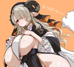 1girl animal_ears arrow_cross blonde_hair blush breast_curtains breast_suppress breasts closed_mouth cowboy_shot cross curled_horns curvy dutch_angle frills hair_over_one_eye hair_over_shoulder hashtag-only_commentary highres hirowa_nagi horns huge_breasts indie_virtual_youtuber inori_marie long_bangs long_hair long_sleeves nun one_eye_covered orange_background orange_garter_straps red_eyes sheep_ears sheep_girl sheep_horns simple_background smile solo sweat translation_request underboob very_long_hair very_sweaty