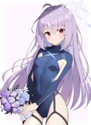 1girl absurdres ahoge atsuko_(blue_archive) blue_archive blue_halo blue_leotard blush border bouquet breasts closed_mouth cowboy_shot flower groin hair_between_eyes halo highres holding holding_bouquet leotard long_hair long_sleeves looking_at_viewer pink_flower pu_ht purple_flower purple_hair red_eyes small_breasts smile solo white_border