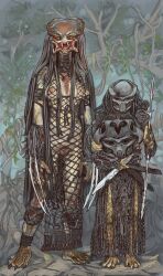 absurdres alien arm_blade armor bifurcated_jaw claws dreadlocks fangs fishnets gauntlets highres jungle long_hair mandibles monster_girl mossacannibalis nature orange_eyes pauldrons predator_(character) predator_(series) shoulder_armor shoulder_cannon tall_female weapon