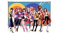 Rule 34 | aya gozen, black hair, breasts, brown hair, candy, cleavage, contemporary, corset, dress, fcoat, food, garter straps, hand on own hip, high heels, highres, hosokawa gracia, kaihime, koshoushou, large breasts, legs, lollipop, miniskirt, nene, obi, oichi, pantyhose, platform sandals, ponytail, red hair, sandals, sash, sengoku musou, skirt, tabi, tachibana ginchiyo, thighhighs