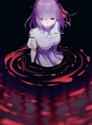 1girl breasts commentary_request dark_background dress empty_eyes fate/stay_night fate_(series) glitch hair_ribbon heaven&#039;s_feel icochiya_(icochiya1414) large_breasts long_hair looking_down matou_sakura partially_submerged purple_eyes purple_hair reflection reflective_water ribbon ripples solo white_dress