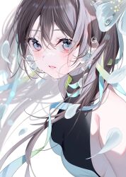 1girl bare_shoulders blue_eyes breasts brown_hair dress falling_petals floating_hair grey_background halter_dress halterneck highres long_hair miwano_rag original parted_lips petals portrait ribbon sideboob simple_background solo standing