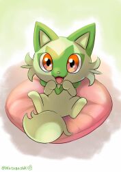 :3 :d absurdres cat commentary_request cushion fangs full_body happy highres looking_at_viewer lying nintendo no_humans on_back on_cushion open_mouth partial_commentary pokemon pokemon_(creature) pokemon_focus red_eyes signature simple_background smile solo sprigatito twitter_username watagashikn