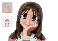 1girl absurdres azumanga_daiou black_hair brown_eyes highres kasuga_ayumu long_hair meme mr._incredible_becoming_uncanny_(meme) realistic s4nd4lf0n school_uniform white_background
