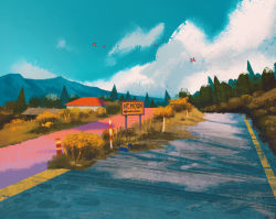 arrow_(symbol) blue_sky building bush cloud cloudy_sky commentary creatures_(company) english_commentary forest game_freak gen_1_pokemon grass highres mountain mt._moon nature nintendo no_humans outdoors plant pokemon pokemon_(creature) post rattata road sign signpost simone_mandl sky spearow tree