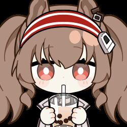 1girl angelina_(arknights) animal_ears animated animated_gif arknights black_choker brown_hair bubble_tea chinese_commentary choker coat commentary_request disembodied_hand drinking drinking_straw earpiece fox_ears hair_between_eyes hairband infection_monitor_(arknights) jacket long_hair looking_at_viewer lowres material_growth open_clothes open_coat open_jacket oripathy_lesion_(arknights) red_eyes red_hairband red_jacket skland_1530589596514 solo striped_clothes striped_hairband transparent_background twintails two-tone_hairband upper_body white_coat