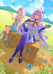 Rule 34 | 1girl, absurdres, acoustic guitar, afureru colors, aged down, bare shoulders, blue sky, box, bug, butterfly, choker, cloud, commentary, crossed bangs, crossed legs, detached sleeves, dress, dutch angle, english commentary, genshin impact, grass, guitar, hair between eyes, highres, insect, instrument, long hair, music, open mouth, outdoors, playing guitar, playing instrument, purple hair, purple thighhighs, red eyes, skirk (genshin impact), sky, thighhighs, white choker