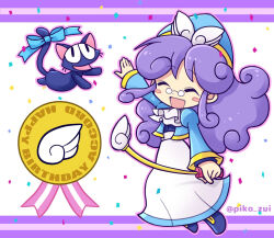 1girl :d ^_^ accord_sensei animal arm_up artist_name ascot black_cat blue_hat blue_jacket cat character_name closed_eyes confetti cropped_jacket curly_hair deformed dot_nose floating_hair full_body glasses happy happy_birthday hat hat_feather high-waist_skirt holding holding_wand jacket letterboxed long_hair long_skirt official_style open_clothes open_hand open_jacket open_mouth outline pink_outline popoi_(puyopuyo) purple_hair puyopuyo puyopuyo_quest raised_eyebrows shoes short_eyebrows skirt smile solo takazaki_piko wand white_ascot white_background white_jacket white_skirt yellow_trim