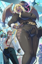 1boy 1girl :3 animal_ears animal_nose arm_at_side artist_name aura bangle baphomet_(housamo) beard belt black_gloves black_hair black_horns black_jacket black_nails black_pants blonde_hair body_fur bracelet braid breast_pocket breasts bright_pupils brown_fur brown_wings clenched_hand clipboard coat collared_shirt cross-laced_pants curled_horns demon_girl demon_tail drone earrings facial_hair fang feathered_wings from_below furry furry_female gloves green_eyes hair_between_eyes hand_on_own_hip hand_up happy highres holding holding_clipboard horns index_finger_raised indoors jacket jewelry large_breasts legs_together long_hair long_sleeves looking_to_the_side multicolored_hair necktie one_eye_closed onyankopon_(housamo) open_clothes open_coat open_mouth pants people pink_eyes pocket red_necktie shirt short_hair sidelocks signature single_braid single_earring skindentation smile standing sumi_wo_hakuneko tail teeth thick_thighs thighs tokyo_houkago_summoners two-tone_hair undercut v-shaped_eyebrows white_coat white_hair white_pupils white_shirt wide_hips wings wink