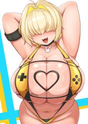 1girl absurdres ahoge armpits arms_up blonde_hair blush breasts cleavage clothing_cutout elegg_(boom_and_shock)_(nikke) elegg_(nikke) fang goddess_of_victory:_nikke hair_intakes hair_over_eyes heart_cutout highres huge_breasts long_bangs looking_at_viewer multicolored_hair navel open_mouth plump rabbit_ornament see-through_slingshot_swimsuit shiny_skin short_hair sinape skindentation slingshot_swimsuit solo swimsuit two-tone_hair underboob yellow_slingshot_swimsuit