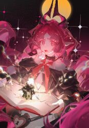 2girls arknights bare_shoulders book bright_pupils chinese_commentary commentary_request diamond-shaped_pupils diamond_(shape) floating_hair flower hewu639356 highres holding holding_book holding_sword holding_weapon jewelry kal&#039;tsit_(arknights) keyhole locket long_hair long_sleeves looking_at_viewer magic mini_person minigirl multiple_girls nymph_(arknights) open_book open_mouth pendant pink_eyes pink_hair pointy_ears rose sparkle sword symbol-shaped_pupils very_long_hair weapon white_flower white_pupils white_rose