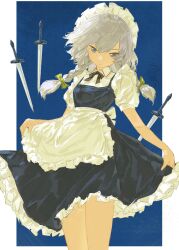 1girl absurdres apron askeladd6713 blue_background blue_eyes blue_skirt blue_vest border bow braid closed_mouth collared_shirt cowboy_shot green_bow grey_hair hair_bow hashtag-only_commentary highres izayoi_sakuya knife long_hair looking_at_viewer maid_headdress puffy_short_sleeves puffy_sleeves shirt short_sleeves side_braids skirt skirt_hold solo touhou vest waist_apron white_apron white_border white_shirt
