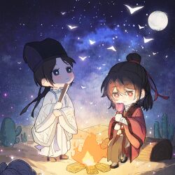 1815983628 2boys bandaged_arm bandaged_chest bandaged_foot bandages bird black_eyes black_hair black_hat black_shoes blush bonfire cactus chibi chibi_only chinese_clothes chinese_commentary coat dao_gui_yi_xian desert fire flower folded_fan folding_fan full_moon gourd grey_hanfu hair_bun hair_ribbon half_updo hand_fan hanfu hat hat_ribbon highres holding holding_fan holding_flower implied_yaoi jin_(headwear) li_huowang light_particles log long_hair long_sleeves looking_down looking_up male_focus moon multiple_boys night night_sky outdoors pink_flower red_coat red_eyes red_ribbon ribbon robe shoes single_hair_bun sitting sky standing star_(sky) starry_sky updo white_coat white_hanfu wide_sleeves yaopei zhouzi_jin_(headwear) zhuge_yuan