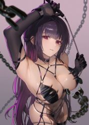 Rule 34 | 1girl, between breasts, black gloves, black hair, breasts, broken, broken chain, chain, colored inner hair, elbow gloves, gloves, goddess of victory: nikke, harness, highres, holding, holding whip, large breasts, leather bikini, long hair, looking at viewer, mihara (bonding chain) (nikke), mihara (nikke), multicolored hair, o-ring, o-ring harness, official alternate costume, oval blue, parted lips, pelvic curtain, purple eyes, purple hair, see-through clothes, see-through pelvic curtain, simple background, smile, solo, strap between breasts, very long hair