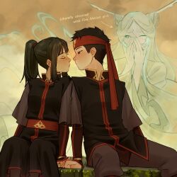 1boy 2girls aang arrow_(symbol) avatar:_the_last_airbender avatar_legends blue_eyes blush brown_eyes closed_eyes colored_skin commentary english_commentary english_text facial_mark forehead_mark half-closed_eye hands_on_own_face headband hetero highres hrlshnv imminent_kiss long_hair looking_at_another multiple_girls official_alternate_hair_length official_alternate_hairstyle on_ji_(avatar) one_eye_closed parted_bangs personification ponytail profile raava_(avatar) red_headband sitting the_legend_of_korra white_hair white_skin