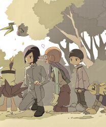 1girl 2boys armadillo armadimon bird black_hair brown_feathers brown_hair bug digimon digimon_(creature) digimon_adventure_02 feathers gdn0522 glasses grey_jacket grey_pants group_picture halftone hawkmon helmet hida_iori hiding ichijouji_ken jacket kneeling long_hair multiple_boys on_one_knee orange_helmet pants purple_hair round_eyewear short_hair talons wormmon