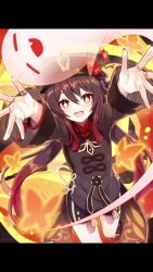 1girl :d animated arms_up bead_bracelet beads black_headwear black_shorts boo_tao_(genshin_impact) bracelet brown_hair bug butterfly chinese_clothes commentary_request female_focus flower genshin_impact ghost happy hat hat_flower hu_tao_(genshin_impact) insect jewelry looking_at_viewer making-of open_mouth outstretched_arms red_eyes ring shorts sketch smile solo spread_arms symbol-shaped_pupils tagme tailcoat twintails uruha_(yw1109) video
