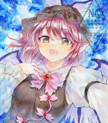 Rule 34 | 1girl, alto2019, animal ears, bird ears, blue background, blush, brown eyes, brown vest, fingernails, green nails, hand on own chest, hat, highres, long fingernails, long sleeves, looking at viewer, medium hair, mystia lorelei, open mouth, pink hair, shirt, smile, solo, touhou, traditional media, upper body, vest, watermark, white shirt, white wings, wings