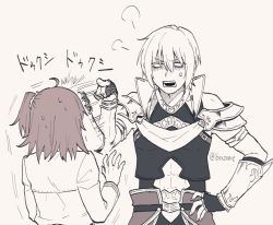1boy 1girl ahoge anger_vein fate/grand_order fate_(series) fingerless_gloves fujimaru_ritsuka_(female) gloves hand_on_own_hip jason_(fate) monochrome poking side_ponytail somemiya_suzume twitter_username