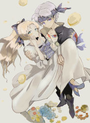 1boy 1girl alternate_hairstyle bandana blonde_hair blue_eyes blue_footwear boots breasts carrying celes_chere couple dress final_fantasy final_fantasy_vi high_heels jacket locke_cole long_hair multi-tied_hair official_alternate_costume pants parted_bangs princess_carry shirt small_breasts user_cjxs2478 white_dress
