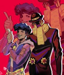 1boy 1other absurdres black_hair bowler_hat brown_coat brown_hat brown_sleeves coat curly_hair green_lips hat highres humanoid_robot jojo_no_kimyou_na_bouken jojolion long_hair martycesar pants parted_lips pink_hood pink_sleeves purple_shirt red_background red_eyes robot scarf shirt smile stand_(jojo) stuffed_animal stuffed_toy teddy_bear tooru_(jojolion) wonder_of_u yellow_pants yellow_scarf zoom_layer