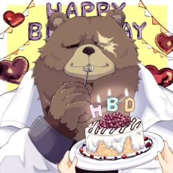 1boy 1other artist_request balloon bear_boy ben_bigger birthday_cake body_fur brown_fur cake claws closed_eyes commentary_request eating food fork furry furry_male hand_up happy_birthday heart_balloon highres holding holding_fork jacket male_focus missing_eye pov scar scar_across_eye scar_on_face second-party_source simple_background string_of_flags white_jacket yellow_background zenless_zone_zero