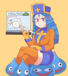 1girl anger_vein angry aqua_hair blue_hair blue_skirt blue_sleeve_cuffs blue_sweater blue_wrist_cuffs blush breasts chart cross cross_print crossed_legs dragon_quest dragon_quest_iii fingerless_gloves formal_clothes furrowed_brow gloves graph graph green_hood hat highres holding holding_weapon hood jacket kandar large_breasts long_hair looking_at_viewer mace mitre office office_lady open_mouth orange_jacket orange_thighhighs pencil_skirt priest_(dq3) print_headwear raflcoopter red_eyes ribbed_sweater simple_background sitting sitting_on_animal sitting_on_person skirt slime_(creature) slime_(dragon_quest) smile solo stocks suit sweatdrop sweater thighhighs turtleneck turtleneck_sweater weapon wide-eyed wrist_cuffs yellow_gloves zettai_ryouiki