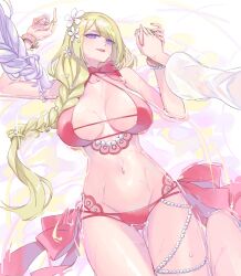 Rule 34 | 2girls, arm up, assault lily, bangle, bare arms, bare shoulders, bikini, blonde hair, blunt bangs, bow, bow bikini, bracelet, braid, breasts, breasts apart, choker, collarbone, commentary request, female pov, fingernails, flower, gem, grey hair, groin, hair over shoulder, halterneck, hand up, highres, holding hands, jewelry, kon kanaho, large breasts, long hair, long sleeves, looking at viewer, low-braided long hair, low-tied long hair, lying, mila (yuta27315), miyagawa takane, multi-strapped bikini bottom, multiple girls, nail polish, navel, official alternate costume, official alternate hairstyle, on back, parted lips, partially submerged, pearl (gemstone), pearl bracelet, pearl hair ornament, pov, pov hands, purple eyes, red bikini, red bow, red choker, ring, see-through clothes, see-through shirt, see-through sleeves, shallow water, shirt, single braid, smile, solo focus, stomach, swimsuit, thigh gap, thigh strap, very long hair, water, wet, white background, white flower, yellow nails, yuri