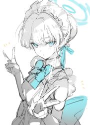 Rule 34 | 1girl, apron, aqua bow, blue archive, blue bow, blue eyes, blue halo, bow, bowtie, double v, dress, halo, highres, light blush, long sidelocks, looking at viewer, maid, maid headdress, monochrome, ouri (aya pine), sidelocks, simple background, sketch, solo, spot color, toki (blue archive), unfinished, v, white background