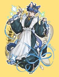 animal_ears apron black_hair blue_eyes blue_hair cat_boy cat_ears crossdressing eyebrows eyepatch face_piercing full_body lip_piercing long_sleeves maid maid_apron male_focus multicolored_hair omokage_yugamu one_eye_covered open_mouth piercing simple_background smile solo solo_focus the_hundred_line_-last_defense_academy- yellow_background