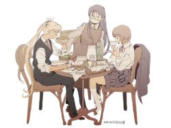 3girls artist_name basket black_hair black_socks black_suit blonde_hair blouse bowl bread bread_slice brown_hair chair claes closed_eyes collared_dress crossed_legs cup dark-skinned_female dark_skin dated dress eating edoya_inuhachi egg_(food) food fork formal_clothes fruit_bowl grey_skirt gunslinger_girl henrietta_(gunslinger_girl) holding holding_cup holding_food holding_plate holding_sandwich kneehighs long_hair medium_dress multiple_girls neck_ribbon necktie no_shoes oxfords plate pleated_skirt ribbon sandwich shirt signature simple_background sitting skirt socks soup submarine_sandwich suit table tablecloth teacup triela white_socks wispy_bangs