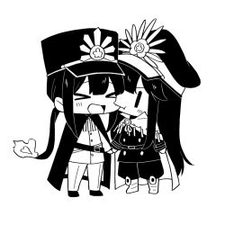 &gt;_&lt; 1boy 1girl :d :t belt biting biting_cheek black_cape black_hat boots brother_and_sister buttons cape center-flap_bangs cheek_pull chibi chibi_only collared_cape crest double-breasted family_crest fate/grand_order fate_(series) fiery_hair hat heart heart-shaped_hair holding_hands jacket jodhpurs kepi knee_boots light_blush long_hair low_ponytail military_hat military_jacket military_uniform monochrome oda_nobukatsu_(fate) oda_nobunaga_(fate) oda_uri open_mouth pants peaked_cap ponytail raised_eyebrows siblings sidelocks simple_background smile standing v-shaped_eyebrows very_long_hair white_background yzrh0