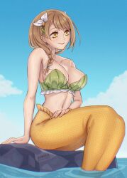 1girl alternate_costume bandeau bare_shoulders bikini bikini_top_only braid breasts brown_eyes brown_hair cleavage closed_mouth fire_emblem fire_emblem_engage goldmary_(fire_emblem) green_bandeau green_bikini hair_ribbon highres large_breasts long_hair looking_at_viewer mermaid monster_girl monsterification navel nintendo ribbon rock sitting smile solo stomach swimsuit symoca water white_ribbon yellow_eyes