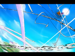 1girl blue_sky chain cloud commentary_request floating full_body ibuki_suika itano_circus letterboxed levitation mori_shin_risuku orange_hair outdoors purple_skirt skirt sky solo sun touhou wide_shot